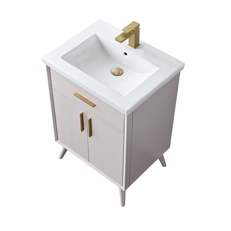 Ensemble de meuble-lavabo simple 24 po avec plateau en céramique Lalena, Taupe / bronze brossé