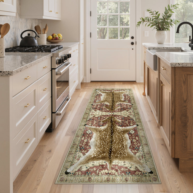 Veatrice Deerwood Rustic Animal Print Machine Washable Red / Brown Indoor Area Rug with Non-Slip Backing, Runner 2' x 6'
