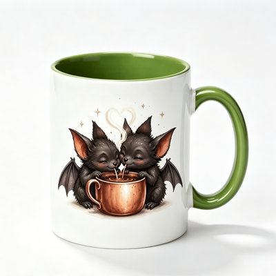 1pc Couple's Bat-themed Color-blocked Mug, Featuring Two Cute Little Black Bats Drinking.