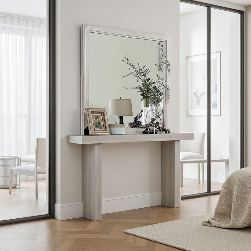 Miroir de commode Varos, bois massif blanc, cadre carré élégant de 38 pouces