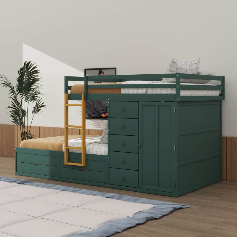 Full-Over-Twin & Twin Bunk Bed, Incorporating Storage Sections, Morandi Green