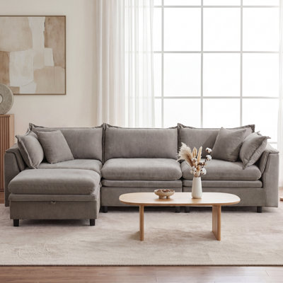 113'' Upholstered L-Shape Sectional Cloud Couch With Storage Ottoman