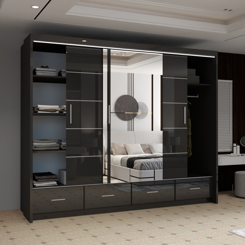 Desilets 2 Door Manufactured Wood Wardrobe, Black, 220 cm H x 255 cm W x 66 cm D