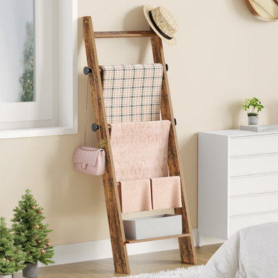 Blanket Ladder for Living Room, Decorative Quilt Rack with 4 Removable Hooks, 5-Tier Blanket Ladder Shelf for Bedroom,Rustic Brown