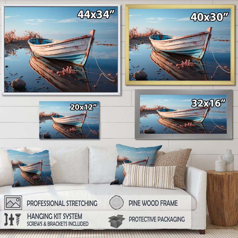 «Blue and White Boat Scenery I», reproduction sur toile, H 34 po x l 44 po x P 1,5 po, Cadre flottant doré