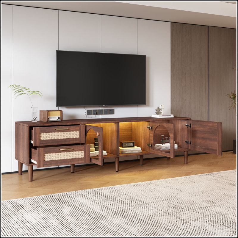 Meuble télé 70,8 po en rotin avec 3 armoires, 2 tiroirs et lumières DEL - brun foncé, Dark Brown, Glass