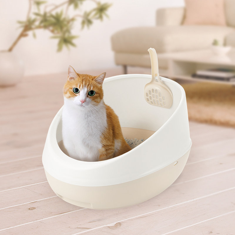 White and Beige High Shield Plastic Cat Litter Pan with Scoop