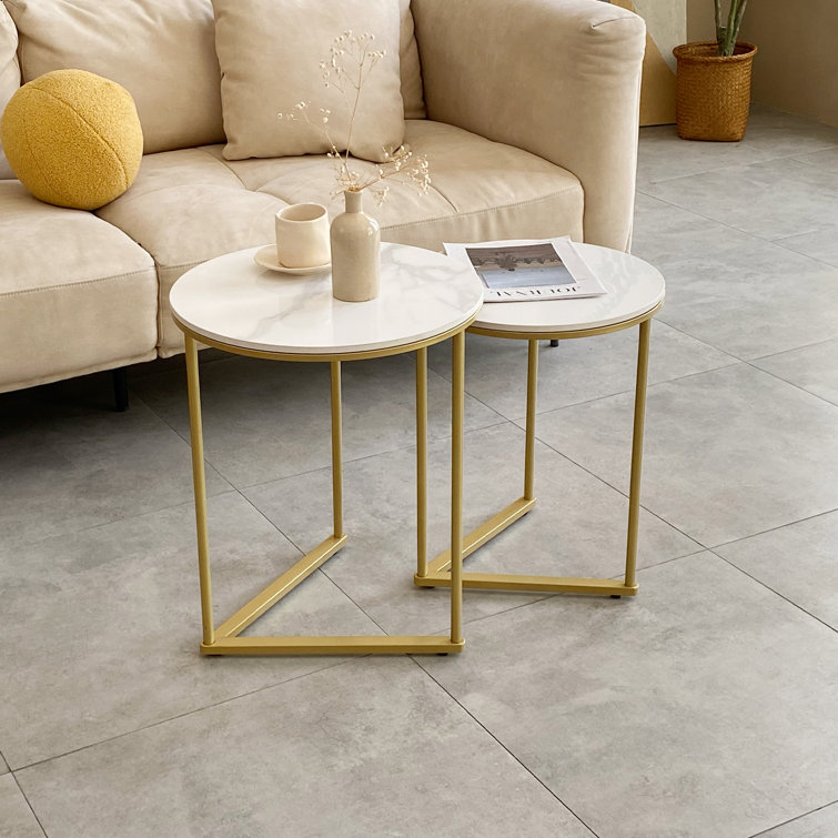 Set Of 2 Indoor Outdoor Marble Nesting End Table Sofa Side Small Coffee Table Sintered Stone Top