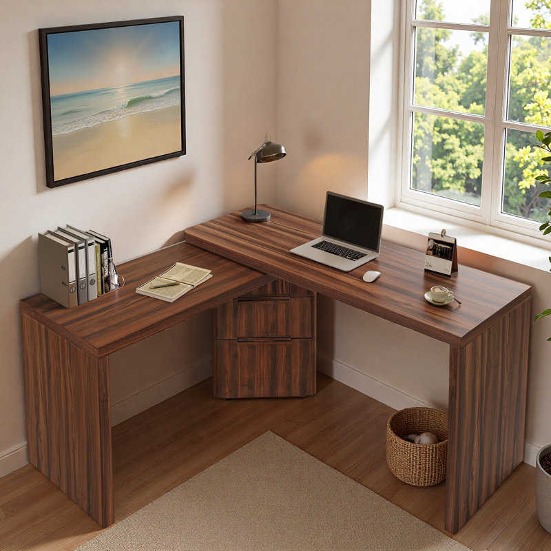Bureau moderne en forme de L avec 3 tiroirs et bureau pivotant à 360 ° en bois