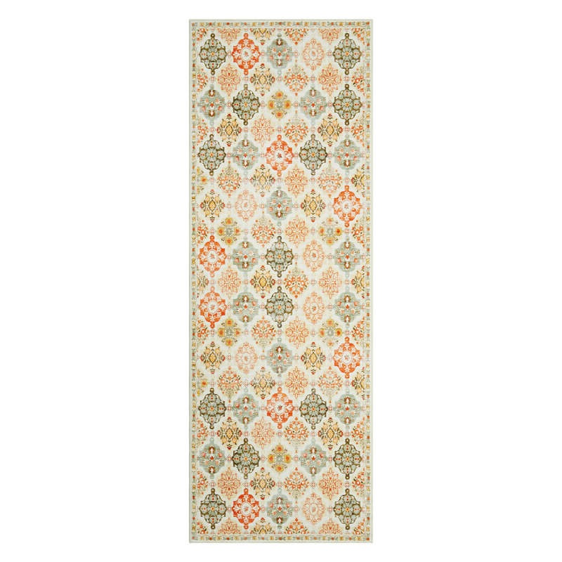 Boho Floral Checkerboard Area Rug - Washable Non-Slip Faux Wool Carpet - Ideal for Bedroom Living Room Kitchen Office Entryway Bathroom