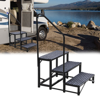 3-Step Heavy Duty Non-Slip RV Steps with Handrail – Portable Exterior Ladder for Camper, Trailer, Porch, Hot Tub, Pool, Pets – 660 lbs Capacity – Black, Single Armrest + Anti-Slip Pad