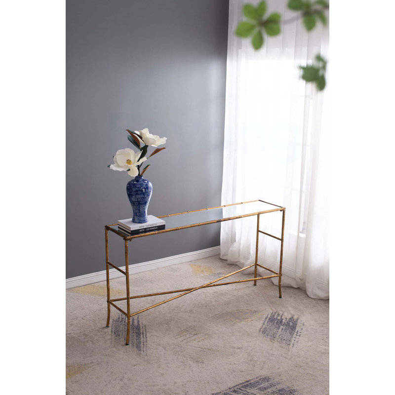 Console 56,5 x 14 x 30 po or antique, plateau en miroir