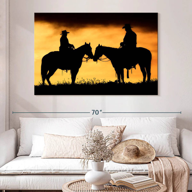 Lelar Cowboy et Cowgirl sur leurs chevaux au coucher du soleil, H 34 po x l 51 po