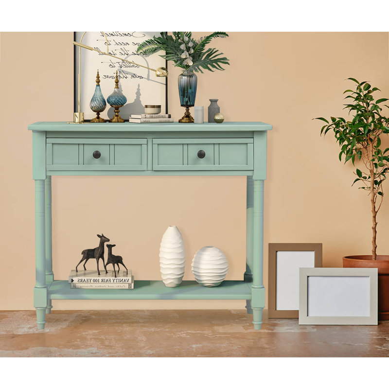 Floriean Rustic Vintage Farmhouse Style Console Table - 2 Drawers, Bottom Shelf, Retro Blue