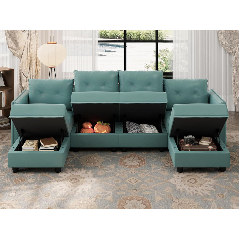 Canapé modulaire en U avec repose-pieds 6 pièces Zendejas, Similicuir bleu sarcelle