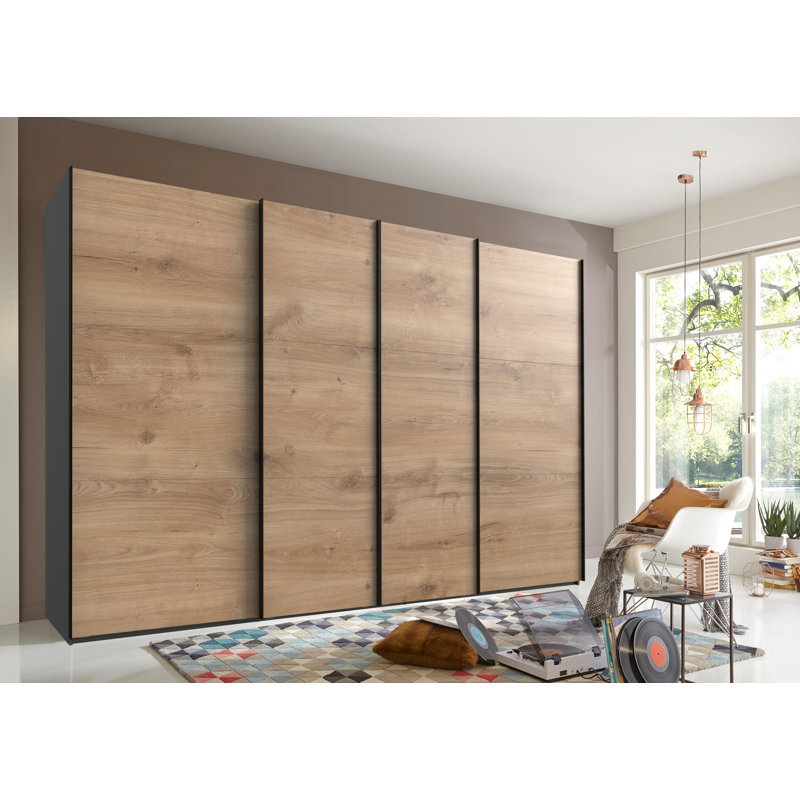 Guardino 4 Door Wardrobe, 216cm H x 350cm W x 65cm D, Graphite/Plank Oak