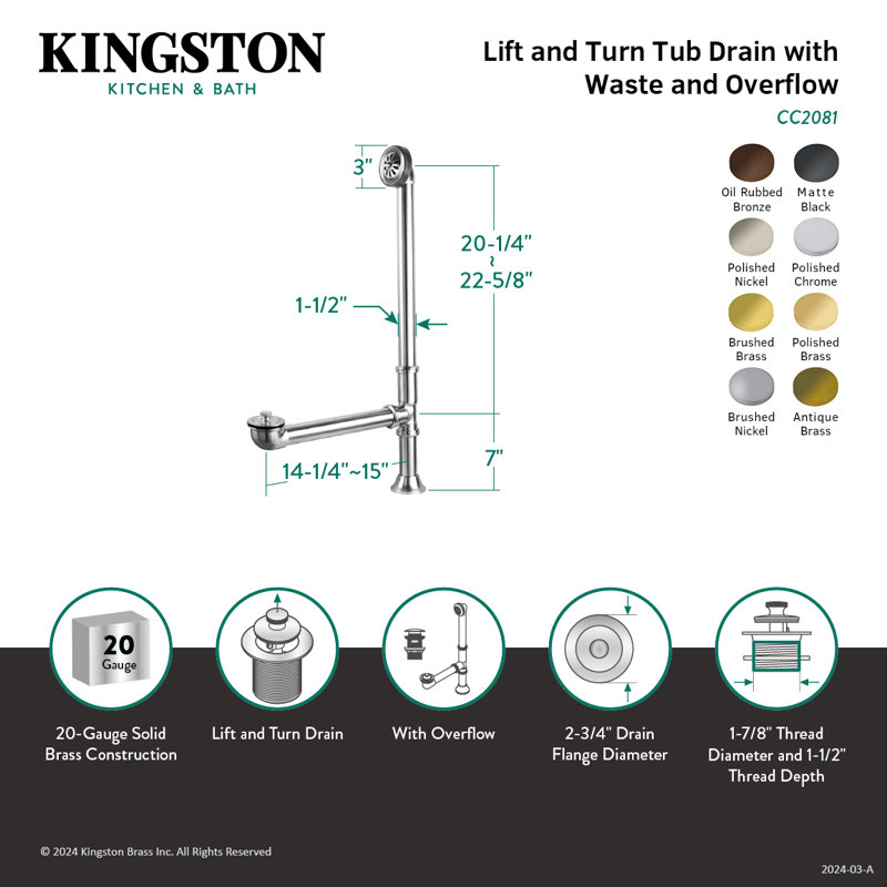 Vidange et débordement de baignoire Kingston, Laiton rétro