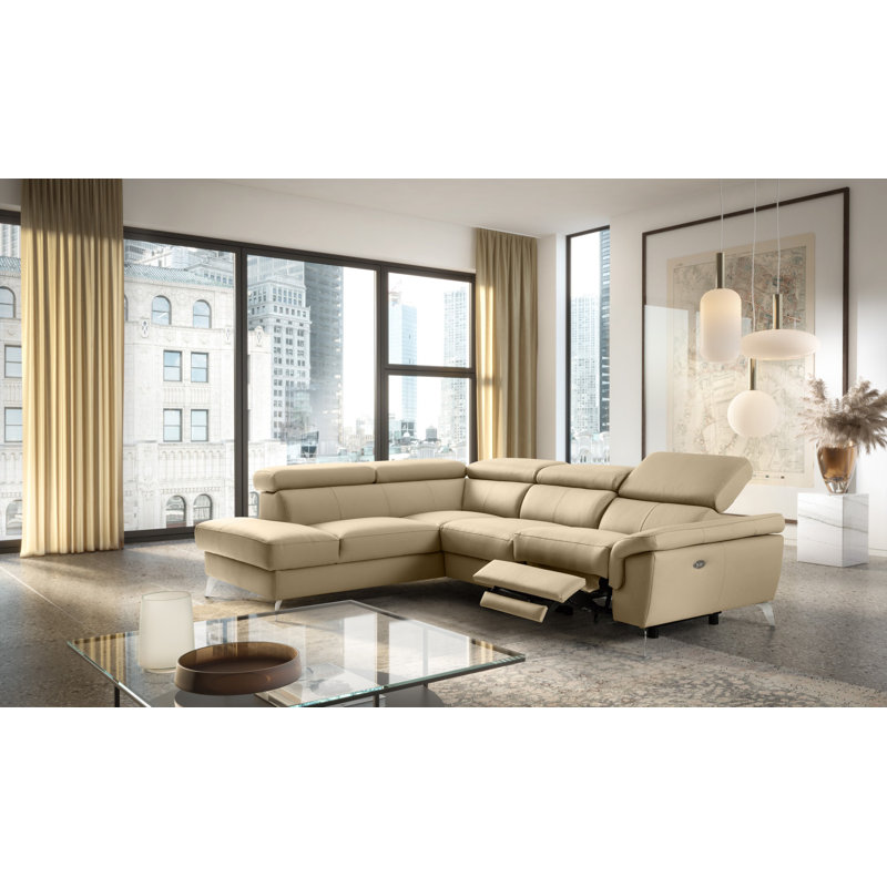 Manhattan Genuine Leather Reclining Corner Sofa, Beige, Left Hand Facing
