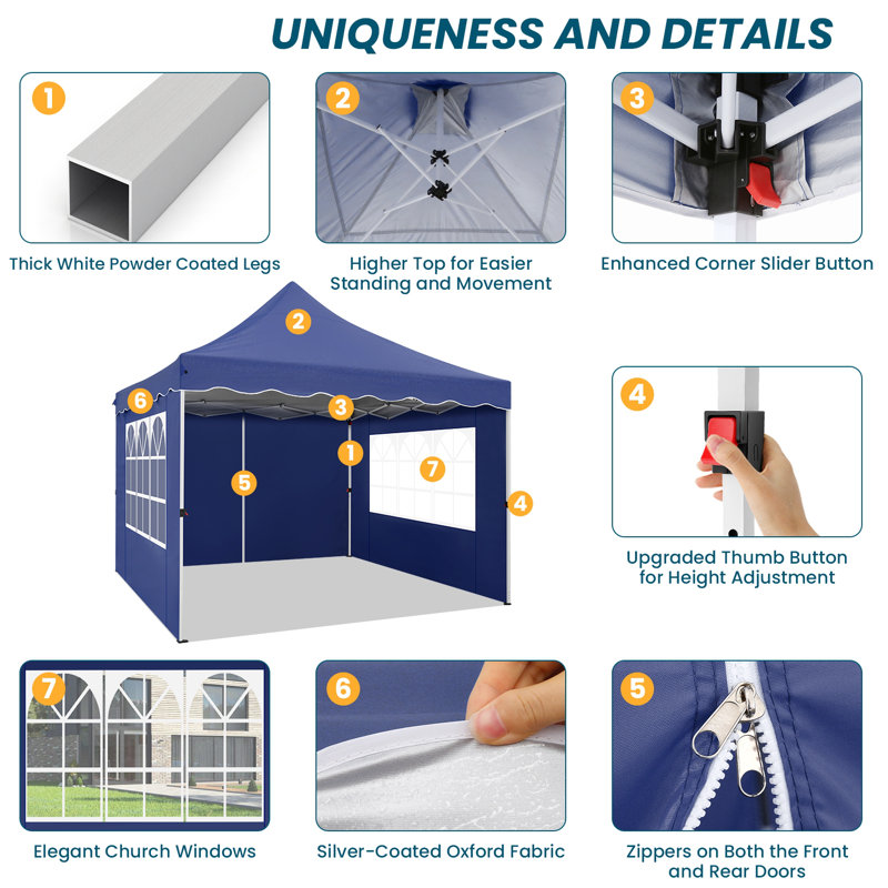10x10 Pop Up Canopy Tent for Parties with 4 Removable Sidewalls 4 Sandbags, 4 Ropes, 4 Stakes & Wavy Edge, One Person EZ Setup