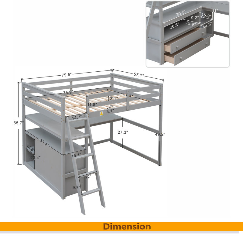 Lit mezzanine double avec bureau et tablettes, deux tiroirs intégrés, Gris