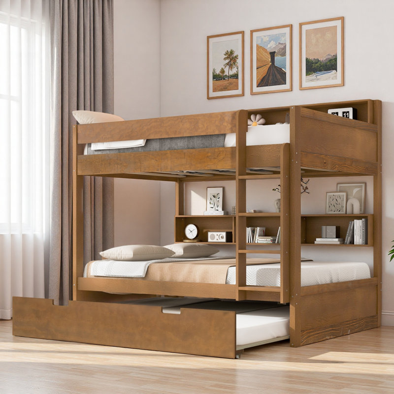 Lit superposé avec lit gigogne et rangement intégré, Double sur double, Bois antique