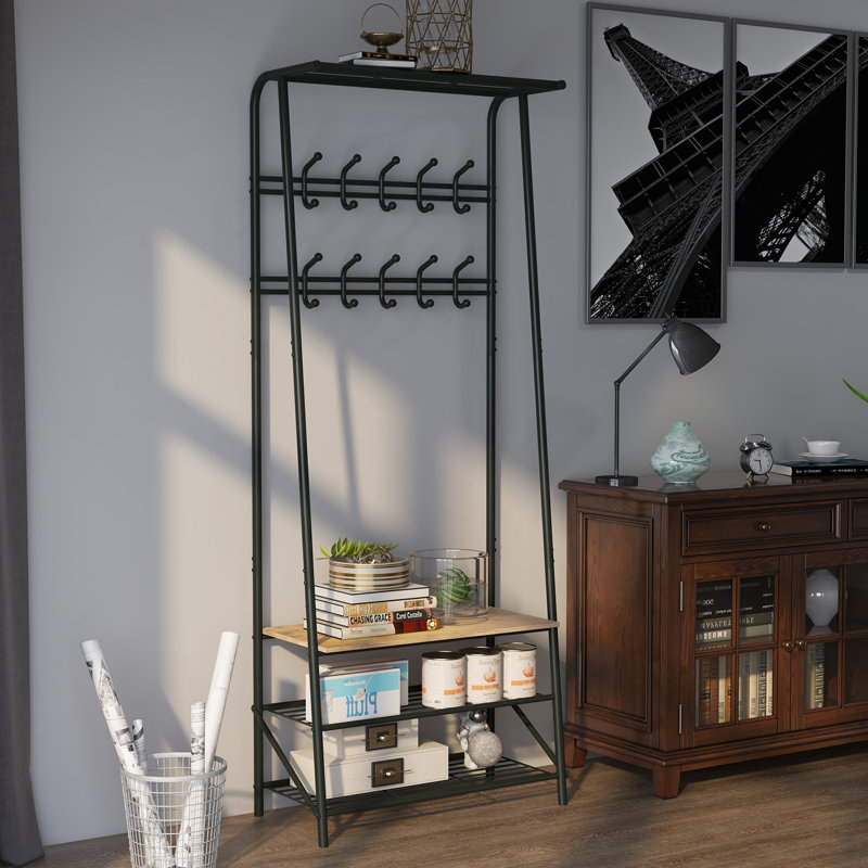 Metal Entryway Hall Tree, 25-Inch Freestanding Coat Rack with Hooks for Hallway or Bathroom