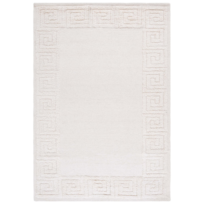 Dreshon Hand Tufted Wool/Cotton Greek Key Border Rug in Ivory, Rectangle 6' x 9'