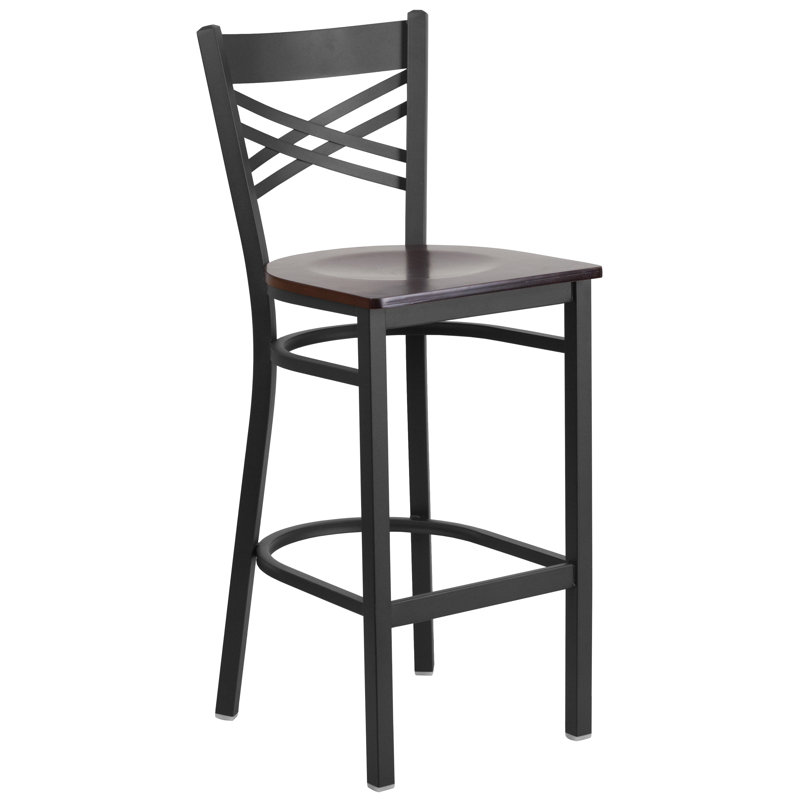 Hercules Chic X-Back 29" Black Metal Barstool with Cherry Wood Seat