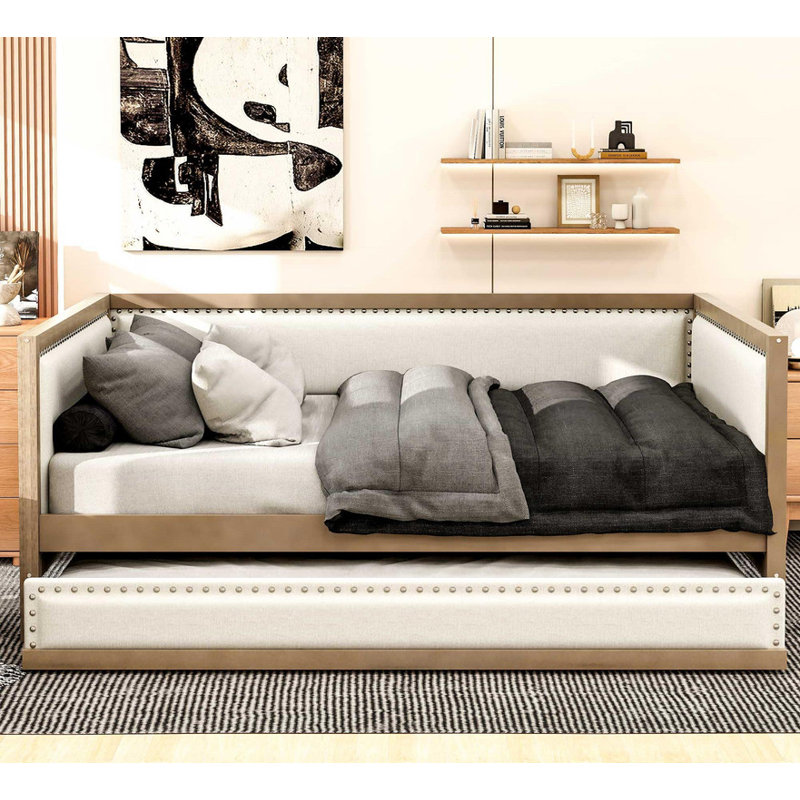 Full - Size Wood - Colored Upholstered Daybed with Trundle – Nailhead Decoration, Stylish & Practical