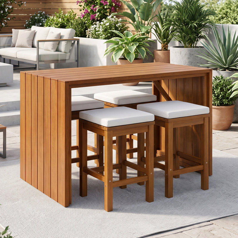 Ensemble de bar d'extérieur 5 pièces en bois d'acacia, table de patio à hauteur de bar avec 4 tabourets rentrants et coussins amovibles résistants à l'eau