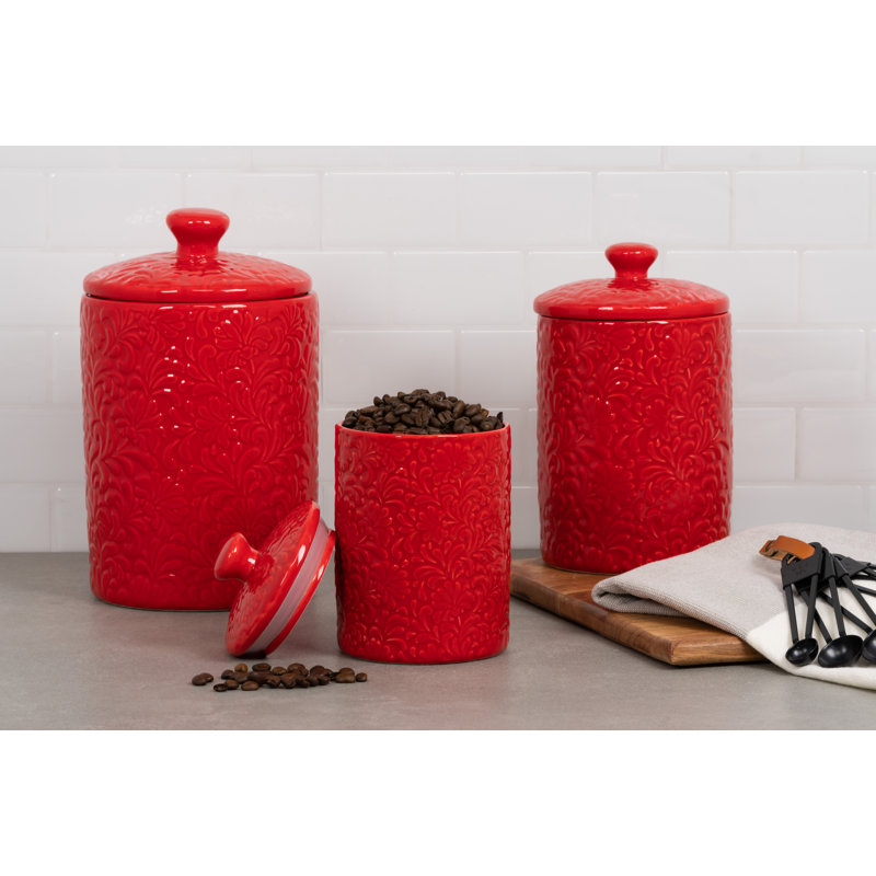 Ensemble de pots de cuisine embossés 3 pièces Fleur, Rouge
