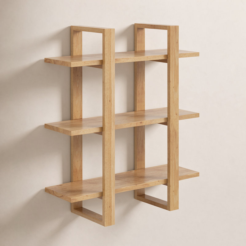Solid Wood Floating Shelf with Adjustable Shelves, Natural Brown
