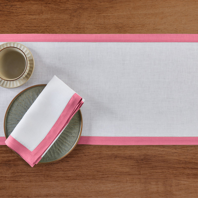 Classic - 100% Pure Linen Table Runner, 48" x 14", Pink Carnation/White, Narrow Border