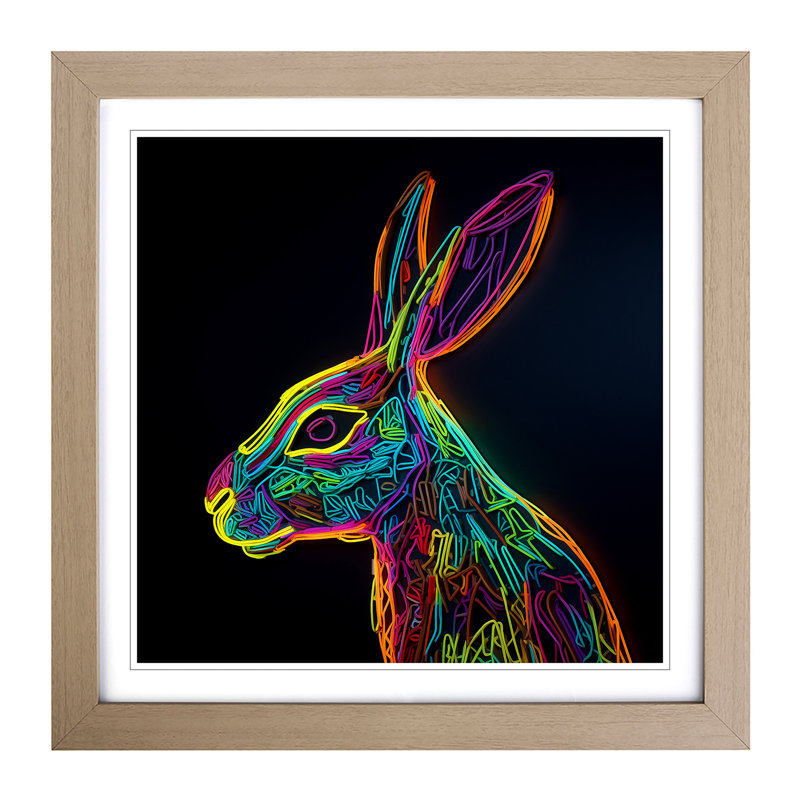 Hare Neon - Single Picture Frame Print on Wood, Oak