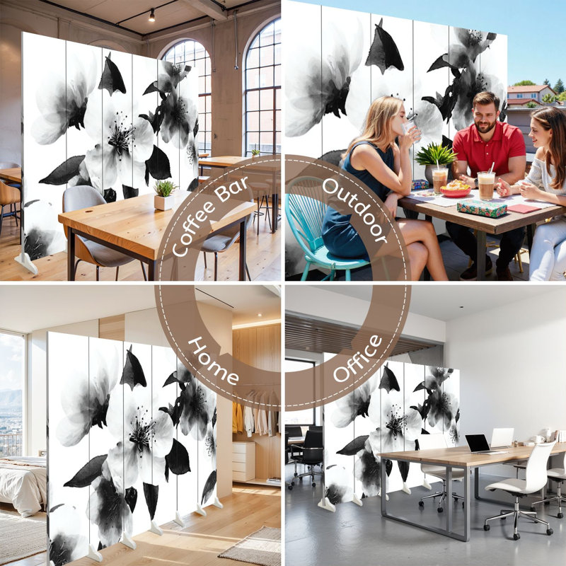 Cloison pliante 6 panneaux paravent Royal Black White Peach Blossom, 6, H 71 po x l 96 po x P 1 po