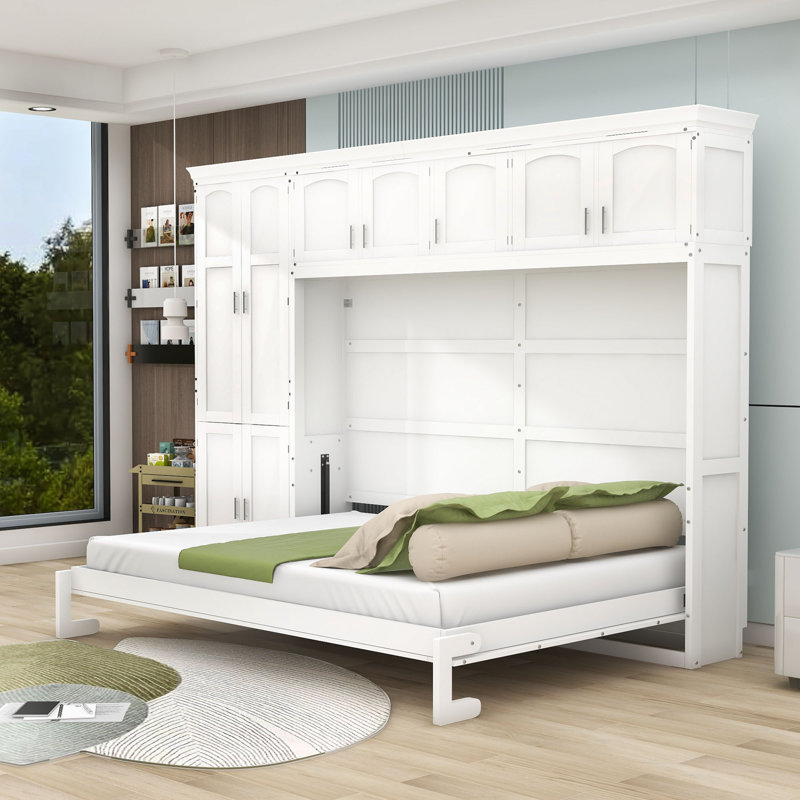 Grand lit escamotable à cadre en bois avec rangement, Blanc