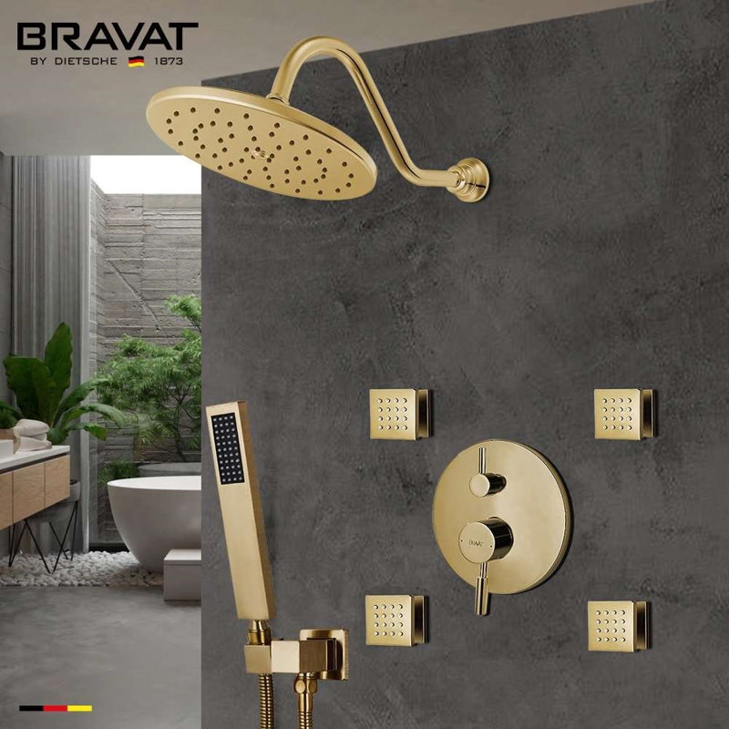 Bravat Brushed Gold Wall Mounted Shower Set with Valve Mixer 3-Way Concealed (FS1079)