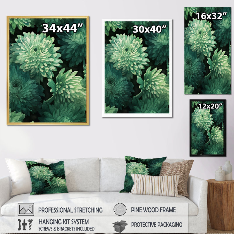 «Green Mums Blossoms» sur toile, Cadre doré à une seule photo, H 32 po x l 16 po x P 1 po