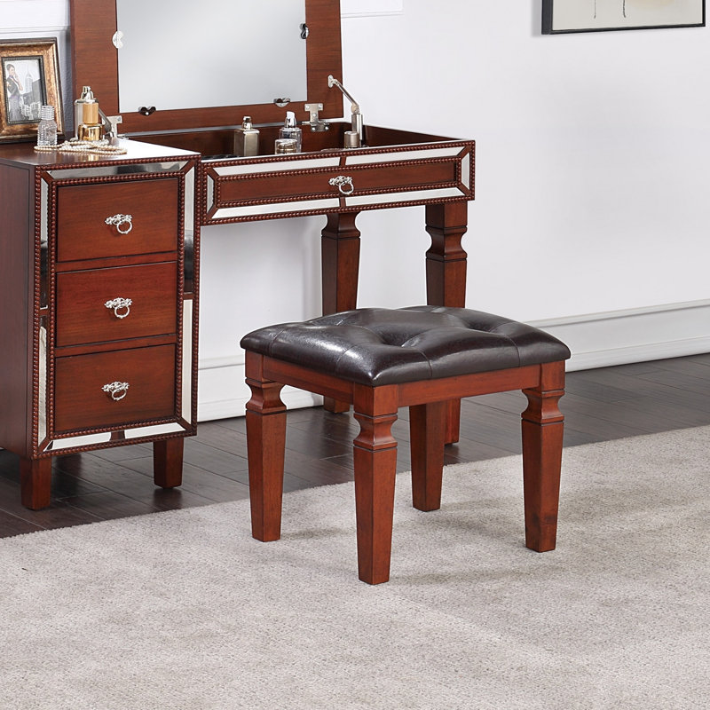 Traditional Formal Cherry Color Vanity Set w Stool Storage Drawers 1pc Bedroom Furniture Set Tufted Seat Stool, Cherry