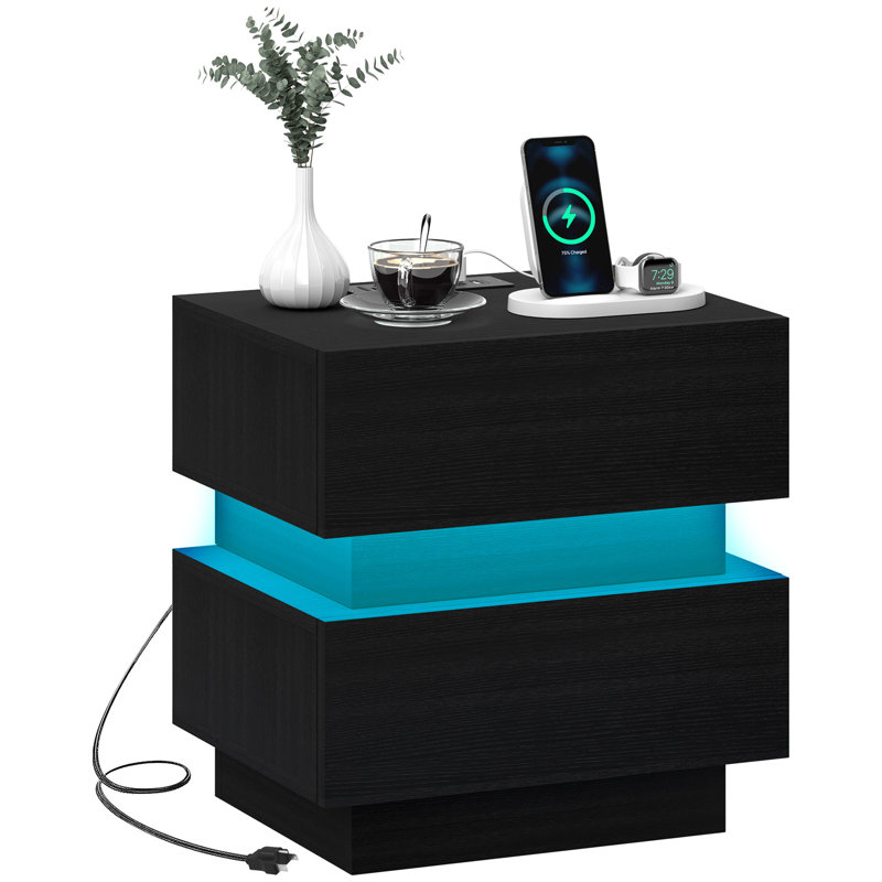 Table de chevet moderne avec station de charge et lumière DEL pour la chambre à coucher, Noir
