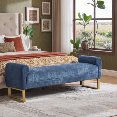 Banc avec repose-pieds 65 po avec accoudoirs en métal, banc à chaussures moderne pour l'entrée et fenêtre avec pieds dorés pour la chambre à coucher