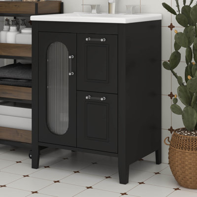 Meuble-lavabo 24 po avec lavabo en céramique, 1 porte en verre, 2 tiroirs à fermeture douce et tablette réglable, armoire de rangement en bois massif