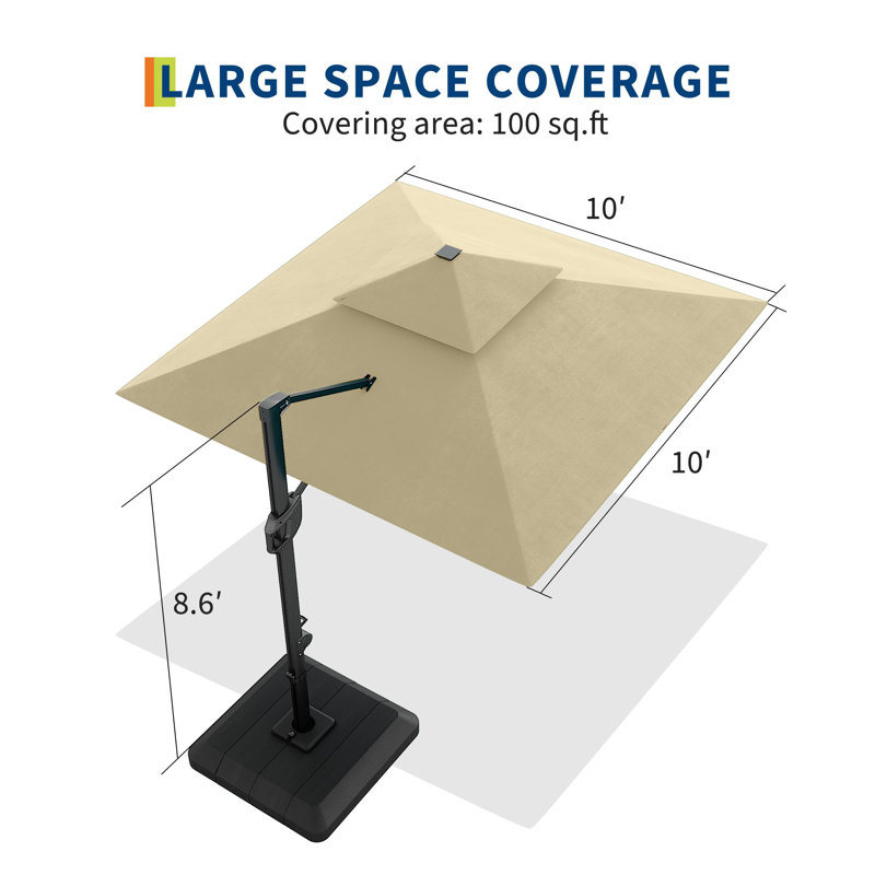 Parasol en porte-à-faux 10 x 10 pi avec lumières solaires, parasol décalé rotatif à 360 ° avec base, plateau carré résistant aux rayons UV