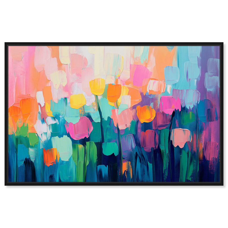 Art, art floral, fleurs abstraites, II, H 21 po x l 31 po, Cadre flottant noir