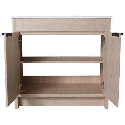 36" Freestanding Bathroom Vanity, Plain Oak, 2 Cabinet Doors, Adjustable Shelf, Metal Handles Modern Soft-close Shelf