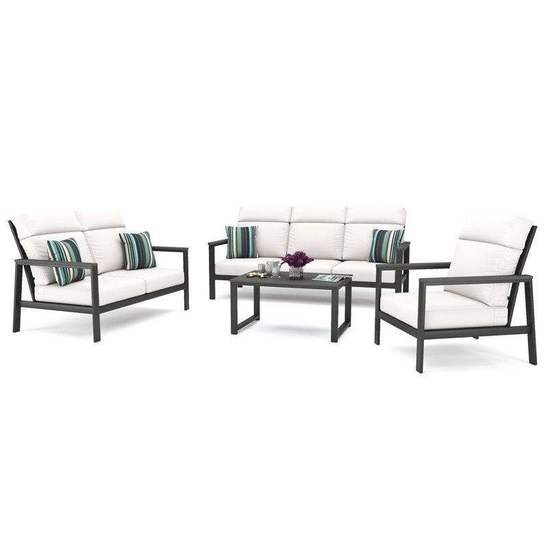 Syren 4 Person Seating Group With Sunbrella Cushions, Dark Gray/Gray, Canvas White