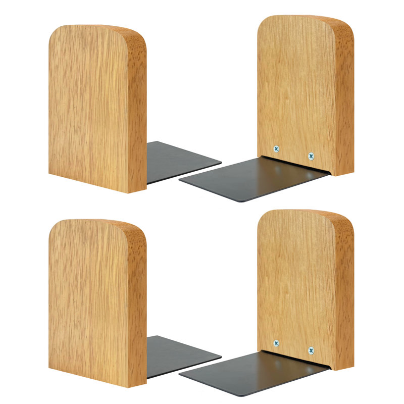 Serre-livres pour accessoires de bureau Ebern Designs - 2 paires de serre-livres décoratifs 100% bois massif faits à la main avec base en métal - Organisateur de tablettes antidérapant robuste pour livres