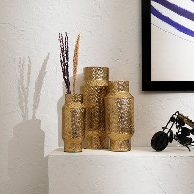 Vases | Vases en aluminium décoratifs à motif de mosaïque dorée à motif de mosaïques décoratives en or poli | Ensemble de 3