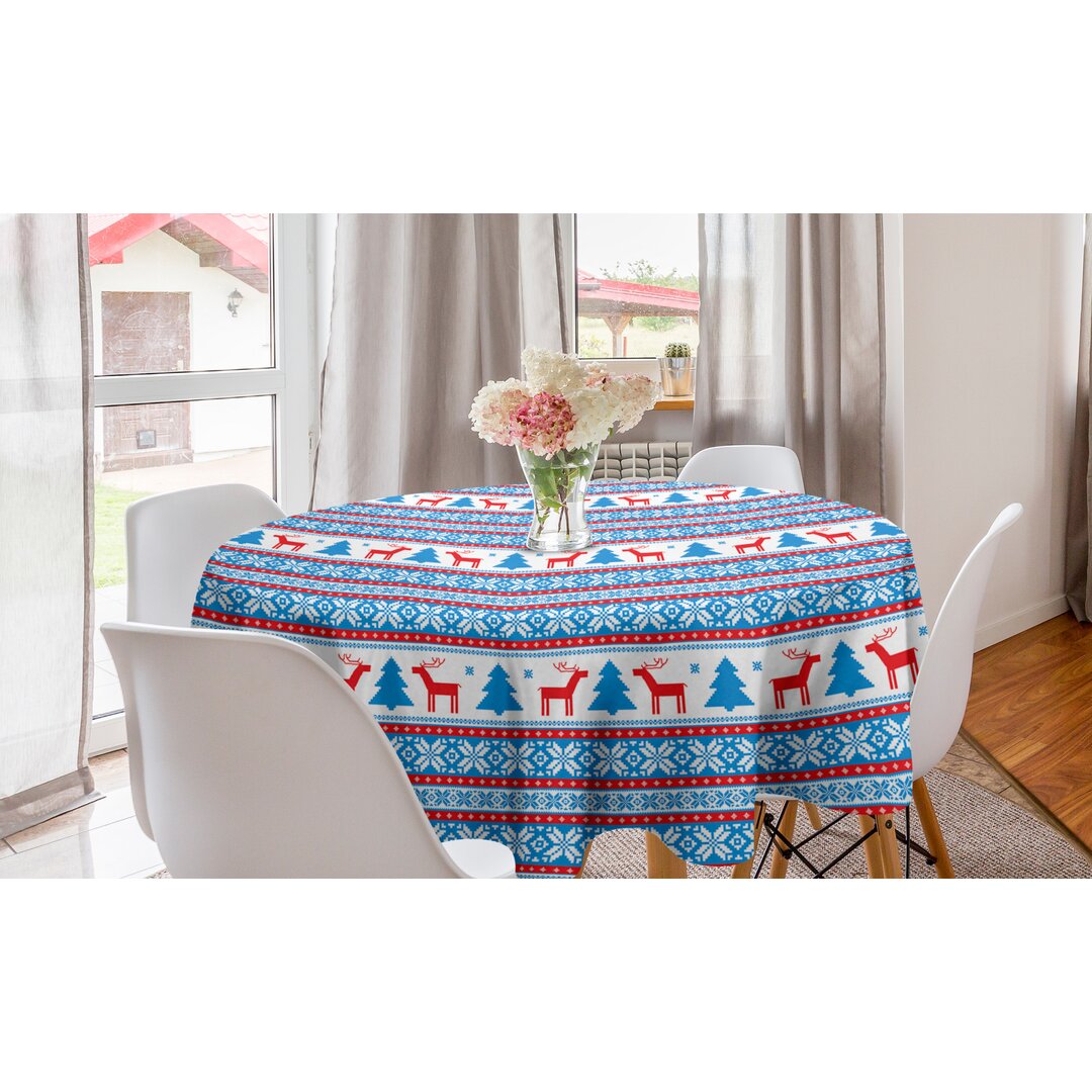 Runde Tischdecke, Folk Knit Art-Kunst, Weihnachten, Blau Rot