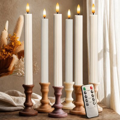 Fluted Ribbed Grooved LED Flameless Taper Candles, Remote, On/Off Button, Battery Operated, 6 Pack